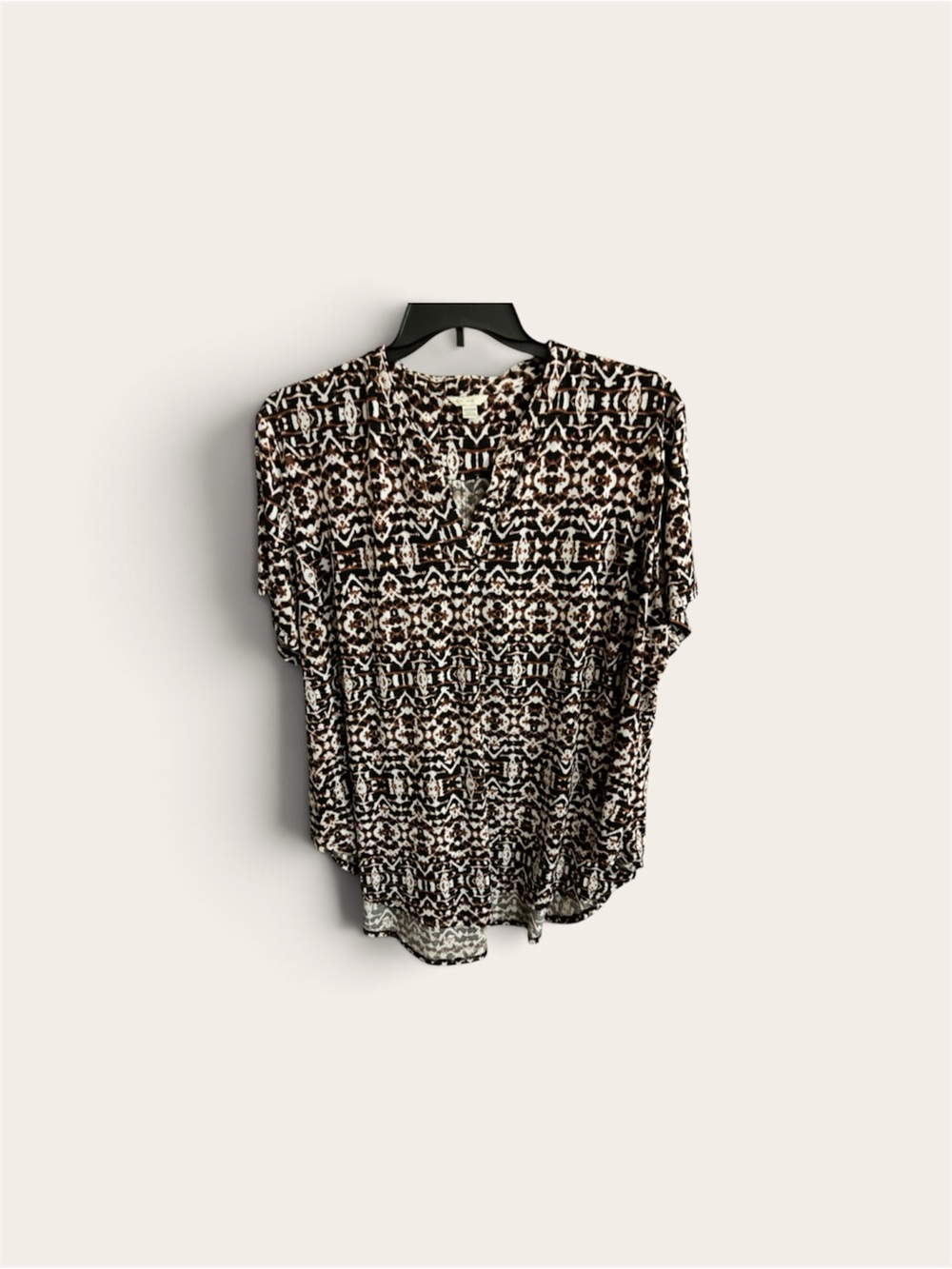 Printed V-Neck Short Sleeve Tunic Top - Black & Cream